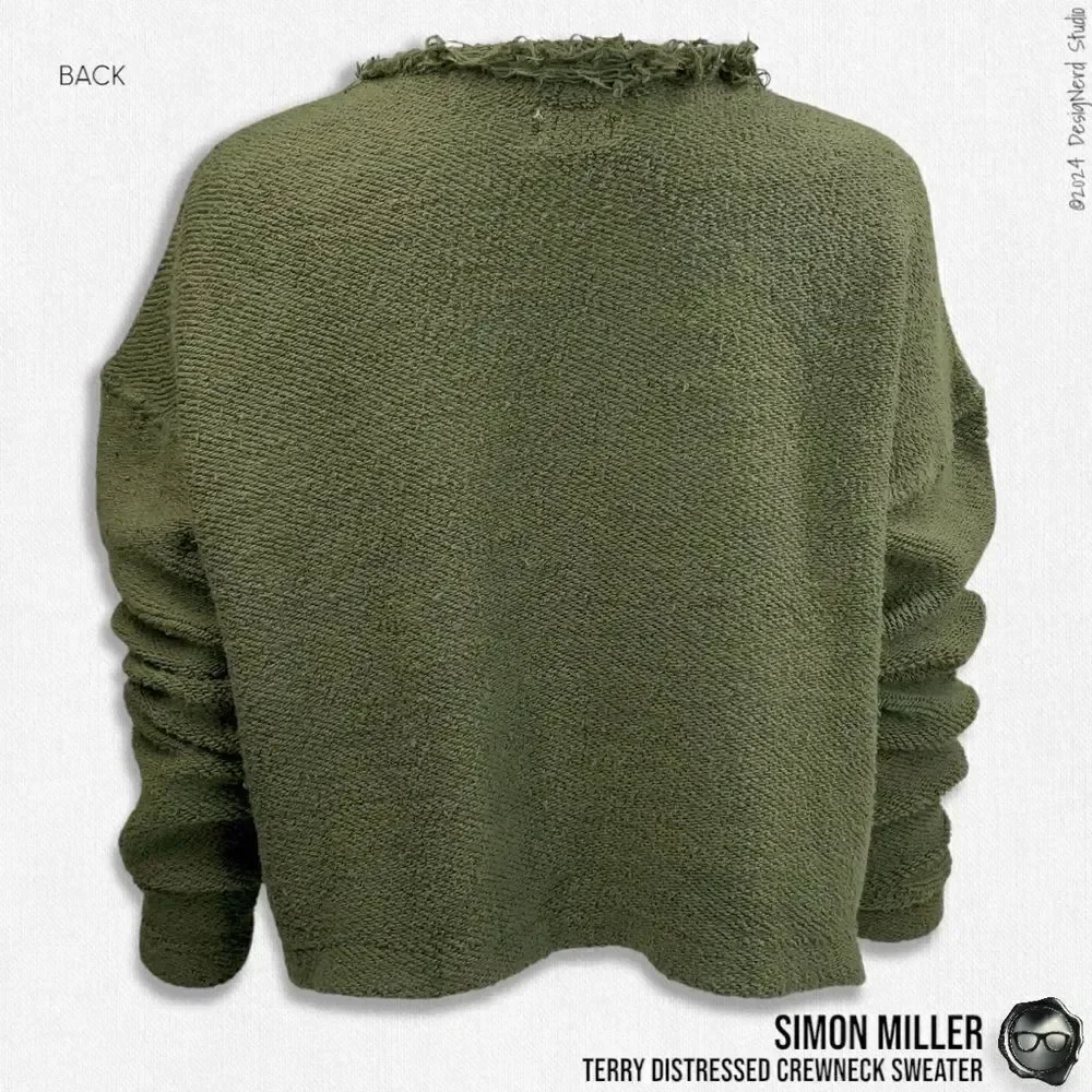 SIMON MILLER DISTRESSED CREWNECK SWEATER IN MOSS GREEN TERRY CLOTH 2016 OVERSIZE